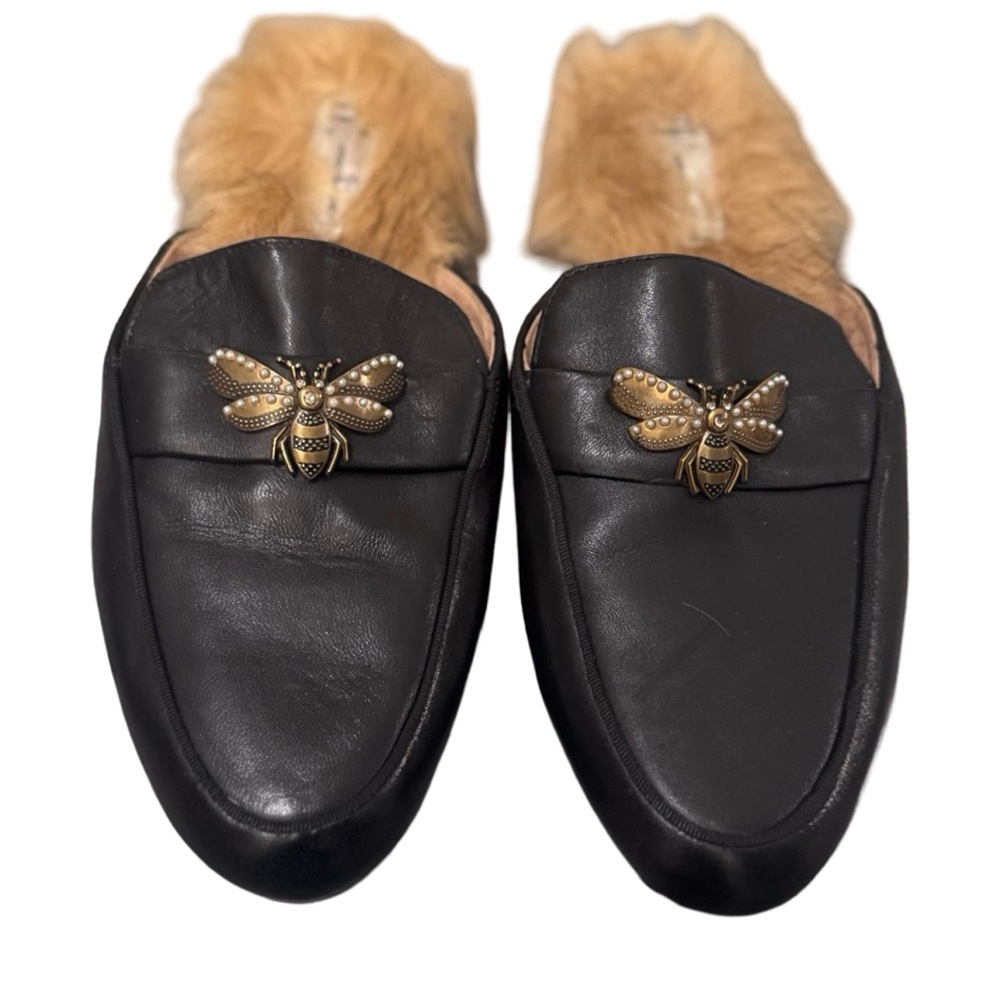 I.N.C. NEVER WORN Black Loafers with Fur Trim and Bee Detail